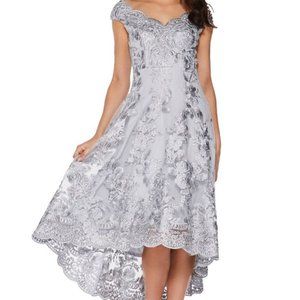 QUIZ Silver Floral Embroidered Gown